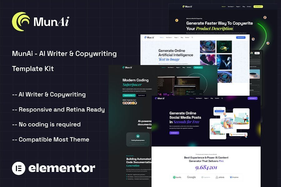 MunAi - AI Writer & Copywriting App Elementor Template Kit 1 MunAi - AI Writer & Copywriting App Elementor Template Kit