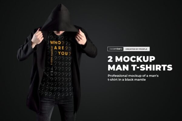 2 Mockups Man T-Shirts in a Black Hood Mantle