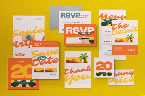 Orange Flat Design Summer Wedding Invitation Set