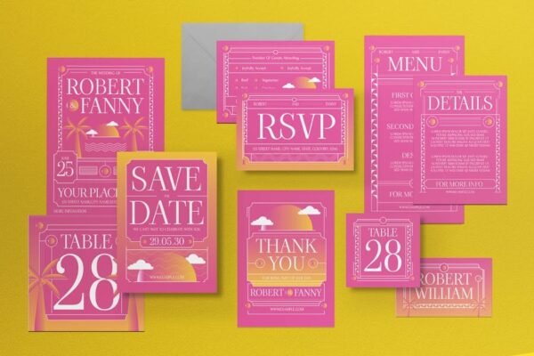 Pink Art Deco Condensed Wedding Invitation Set