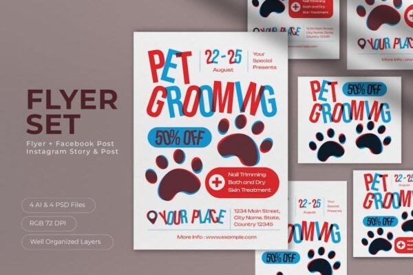 White Risograph Pet Grooming Flyer Set