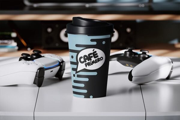 Paper Coffee Cup with Gamepads Mockup