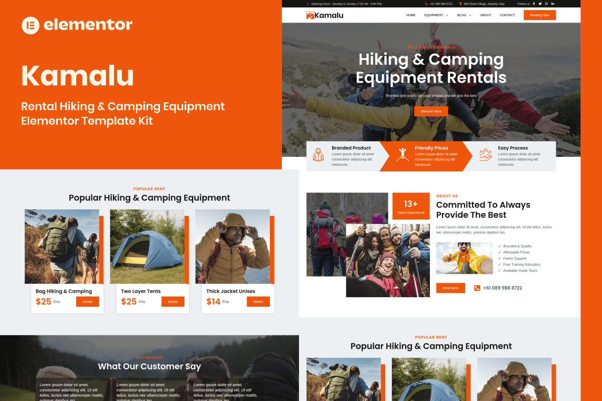 Kamalu - Rental Hiking & Camping Equipment Elementor Pro Template Kit
