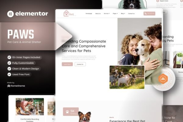 Paws - Pet Care and Animal Shelter Elementor Template Kit